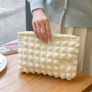 Creamy bubble textured pouch in solid color, large capacity cosmetic bag for daily use