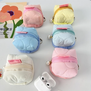Quilted mini earphone case pouches with flower pattern and pearl charms in multiple colors
