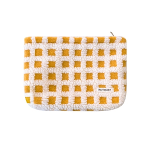 Waffle texture plush checkered makeup bag with zipper closure in yellow and white