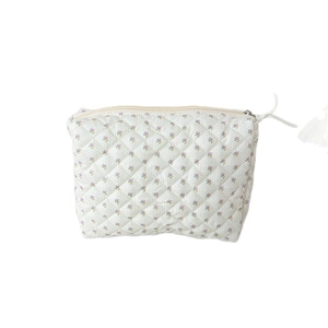 Quilted floral makeup bag with purple flower patterns and white base on white background