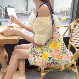 Borsa tote in tela a fiori con manici blu spessi e grande capacità per lo shopping