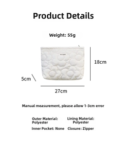 Polyester quilted flower cosmetic bag showing 27x18x5cm dimensions and lightweight 55g