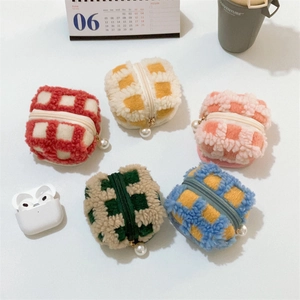 Cute waffle plush checkered protective case for Bluetooth earphones in five bright colors