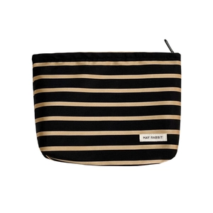 Large capacity satin striped makeup bag with zipper closure and logo label