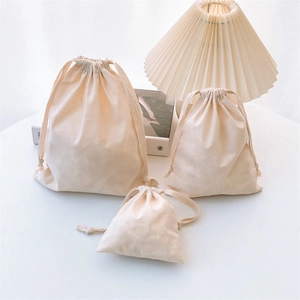 Minimalist Beige Cotton Canvas Drawstring Pouch Bags For Travel Organizing And Gift Packaging Natural Breathable Fabric