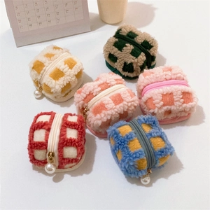 Checkered waffle fleece earphone pouch with large pearl zipper pull in six vibrant colors