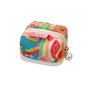 Quilted mini earphone case featuring cute rainbow bear illustration and pearl zipper