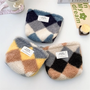 Argyle Plush Coin Purse Sherpa Zipper Pouch Mini Storage Makeup Bag Soft Portable Fashion Accessory For Women