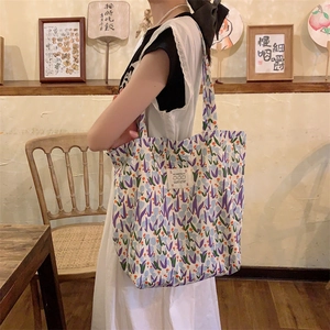 Sac Cabas En Toile Florale Grande Capacité Imprimé Tulipe Sac À Épaule Rétro Décontracté Pour Femmes Étudiants