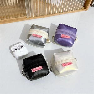 Mini Earphone Case Pouch Nylon Satin Coin Purse With Artificial Pearl Zipper Pull Portable Hook Cube Storage Bag For Women