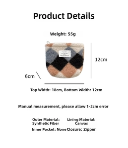 Detailed view of plush checkered pouch showing its 18x12cm size and zip closure