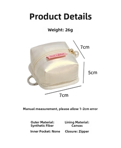 Detailed size view of a 7x7x5cm beige satin earphone pouch with pearl keychain detail
