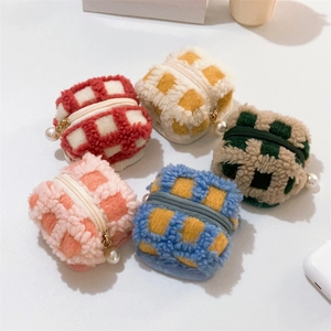 Cute waffle velvet checkerboard mini storage bags with pearl zipper in five vibrant colors