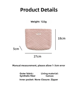 Detailed size specifications of pink plush pouch with canvas lining and dimensions