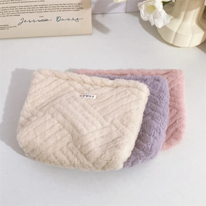 Cute plush canvas makeup bag in cream white, light purple and pink colors
