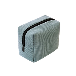 Large capacity blue corduroy makeup bag with black zipper in a structured rectangular design