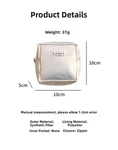 Detailed view of the 10x10x5cm pearl white cosmetic storage bag weighing 37g