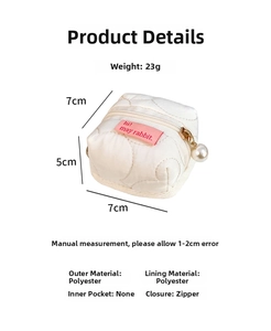 Compact white quilted polyester storage pouch with zipper and elegant pearl pendant