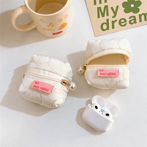 Cute white quilted tent earbuds case with pearl charm and pink rabbit label for AirPods