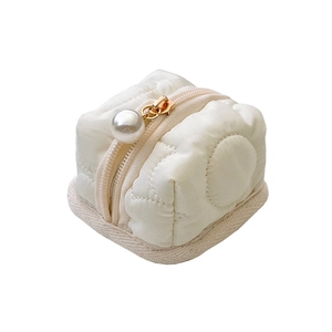Quilted off-white mini headphone storage case with elegant round pearl zipper pendant