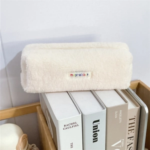 Plush white fleece pencil case and makeup bag with embroidery and large capacity