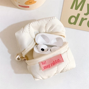 Quilted white earphone case with pearl charm showing inner storage for wireless earbuds