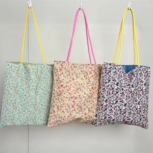 Floral Print Canvas Tote Bag Cotton Fabric Handbag With Contrast Color Rope Handles Women Pastoral Fresh Shoulder Bag