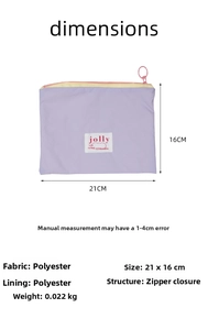 Detailed view of the purple polyester pouch with zipper dimensions and sizing info