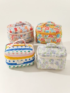 Large Capacity Quilted Cotton Makeup Bag Portable Floral Print Cosmetic Travel Organizer Zipper Storage Pouch For Women