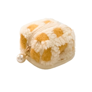 Cute yellow checkered waffle fleece earphone case and coin pouch with pearl zipper detail