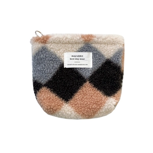 Mini plush argyle coin purse with fuzzy texture and zipper for lipstick storage