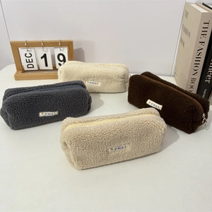 Plush Pencil Case Sherpa Makeup Bag Large Capacity Soft Stationery Organizer Zip Closure Portable For Students