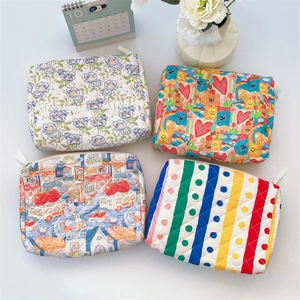 Flat lay of quilted cotton cosmetic bags in floral, heart, and striped patterns