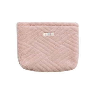 Plush pink canvas pouch with embossed diamond pattern and mayrabbit logo patch