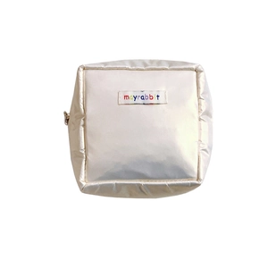 Portable pearl white square cosmetic bag with zip closure and mayrabbit label