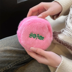 Cute pink plush Harry Potter embroidery coin purse shown in hand for daily storage
