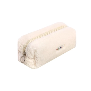 Large capacity fluffy off-white plush pencil case with zipper and mayrabbit logo tag