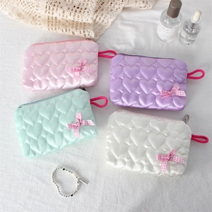 Heart Quilted Satin Coin Purse With Checkered Bow Sweet Macaron Color Portable Makeup Pouch Daily Earphone Storage Bag