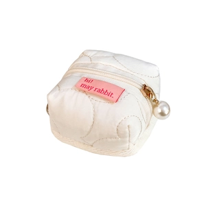 Quilted white square pouch with pearl charm and pink rabbit label for earbuds storage