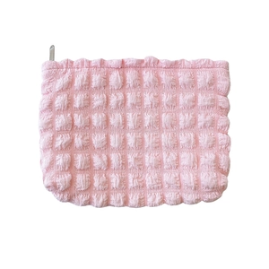Pink bubble fabric cloud makeup bag with large capacity and durable metal zipper