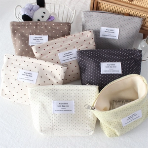 Cosmetic Bag Cotton Canvas Polka Dot Heart Print Pouch Zipper Closure Makeup Organizer For Women Girls Korean Style