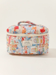 Quilted cotton floral makeup bag with top handle and colorful cartoon print on white