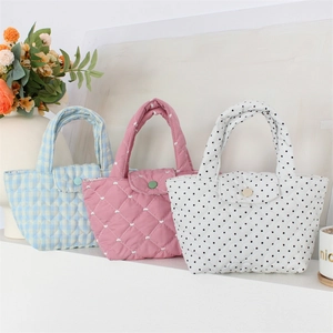 Quilted Handbag Heart Embroidery Polka Dot Plaid Pattern Padded Fabric Button Closure Portable Tote Bag For Women