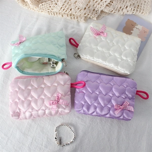 Quilted heart cosmetic bags with bow in mint, white, pink and purple satin fabric