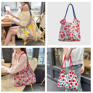 Borsa Tote In Tela Grande Capacità Stampa Floreale Donna Stile Coreano Borsa A Spalla Con Manico In Corda Casual
