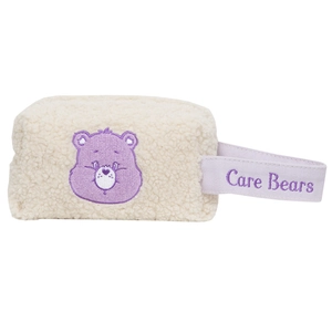 Trousse à maquillage en peluche blanche avec broderie violette et dragonne tissée