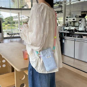Women Cotton Gingham Cell Phone Crossbody Bag Mini Plaid Canvas Shoulder Pouch With Adjustable Strap For Daily Shopping Fresh Style
