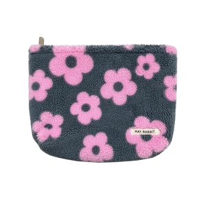 Cute floral plush makeup bag with pink flowers and grey fleece fabric for women