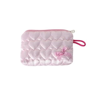 Pink heart quilted lipstick pouch with a cute plaid bow and zip closure for travel