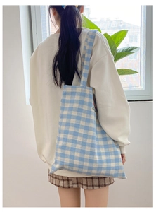 Close-up of the light blue plaid canvas tote bag showing textured fabric and embroidery
